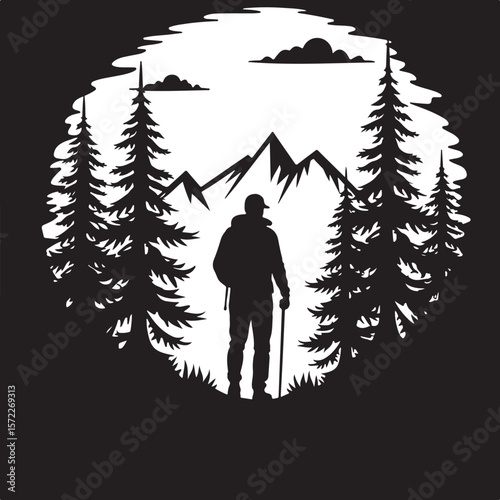 Silhouette Illustration of a Hiker with a Walking Stick Surrounded by Trees and a Circular Sky Backdrop  
