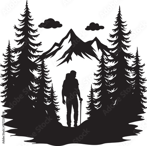 Silhouette Illustration of a Hiker with a Walking Stick Surrounded by Trees and a Circular Sky Backdrop  
