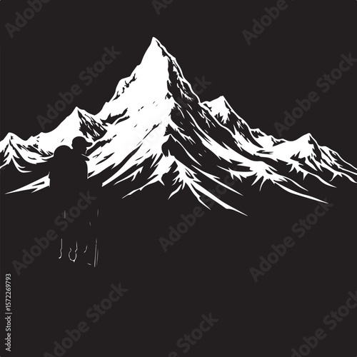 Silhouette Illustration of a Hiker with a Walking Stick Surrounded by Trees and a Circular Sky Backdrop  
