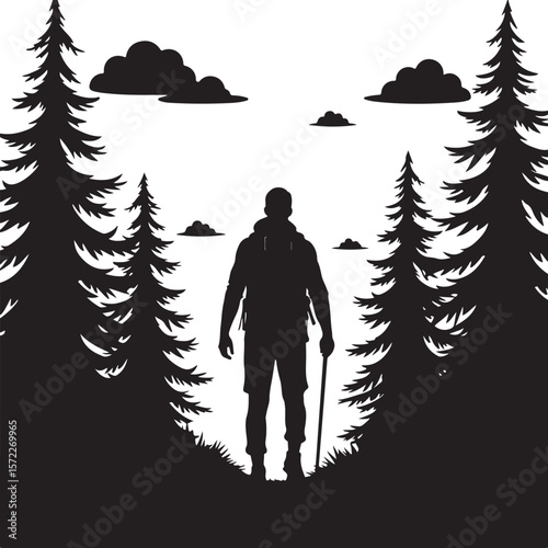 Silhouette Illustration of a Hiker with a Walking Stick Surrounded by Trees and a Circular Sky Backdrop  
