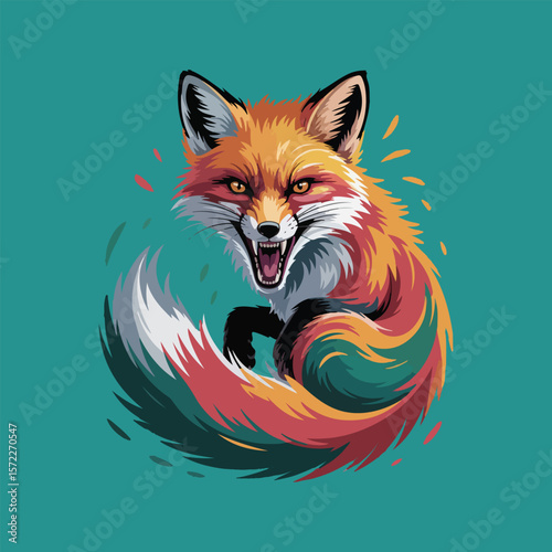 generates the image of a drawn fox roaring fiercely with various colors of its full body while being in semi-profile on a white background.