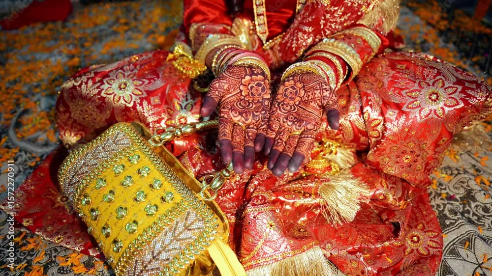Finger points to bride palm displaying artistic henna