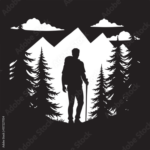 Silhouette Illustration of a Hiker with a Walking Stick Surrounded by Trees and a Circular Sky Backdrop  
