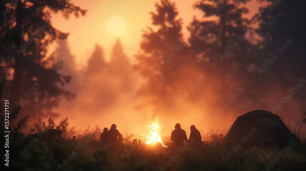Naklejka premium Forest Camping, Friends Around Campfire at Sunset