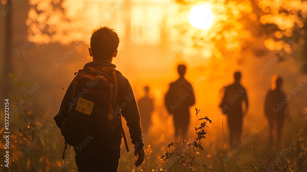 Fototapeta premium Boy Leads Friends on Sunset Hike in Golden Light