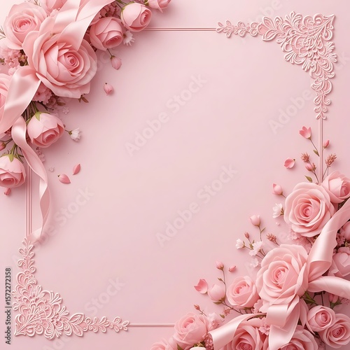 Pink Rose Floral Background with Ribbon Bow and Lace Corner  Elegant Romantic Template for wishing card, love and propose. Ai