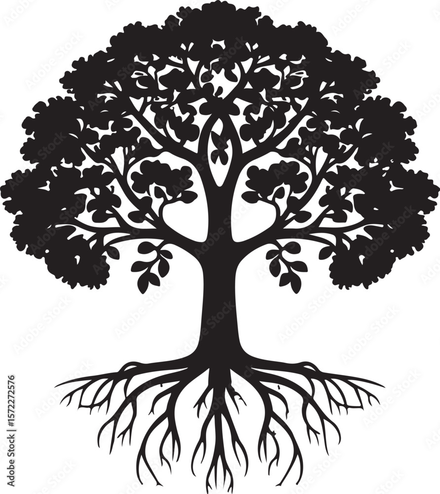 Obraz premium Silhouette Illustration of a Tree with Detailed Branches, Leaves, and Roots 