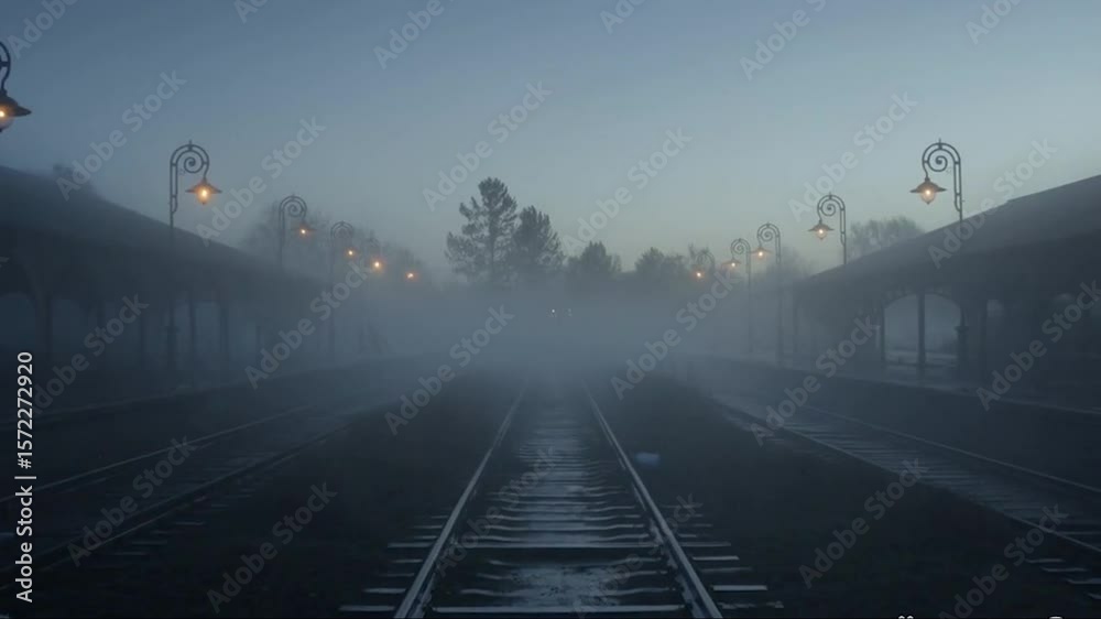 Cinematic 1940s European train station at dawn — dense fog, abandoned tracks, flickering vintage lamps, cold and somber atmosphere, empty platform, muted tones, melancholic mood.