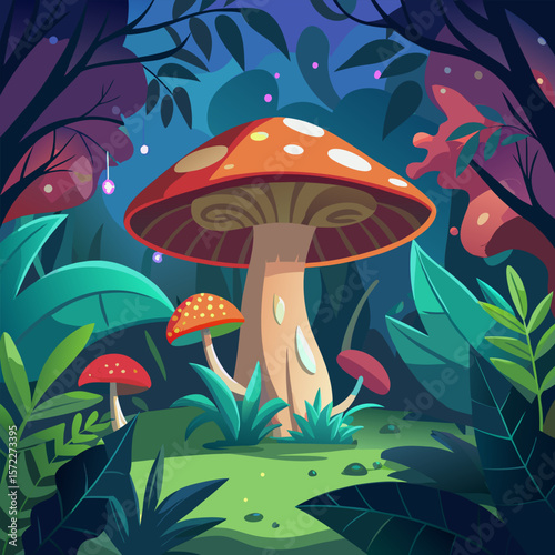 Enchanted Forest. A Fantasy Mushroom Night Scene