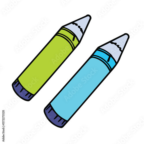 Two colorful crayons in lime green and light blue hues in a simple, hand-drawn style. The crayons are angled slightly, showcasing their pointed ends.