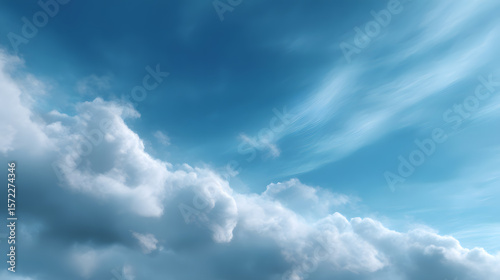 Celestial Dance: A breathtaking vista of a bright blue sky, adorned with fluffy, cumulus clouds, creating a serene and dreamy ambiance, the scene is a testament to nature's artistry.