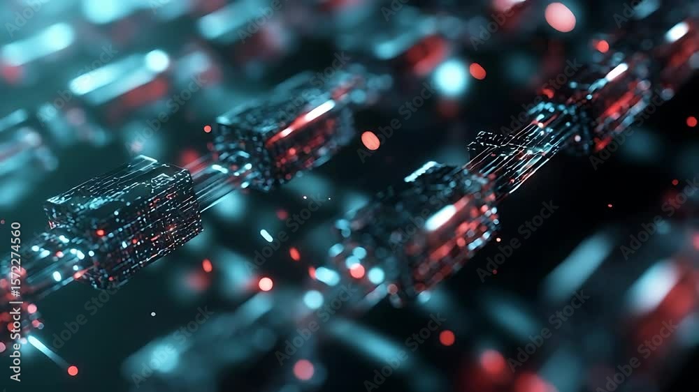 Abstract visualization of interconnected digital blocks in a futuristic setting with glowing effects