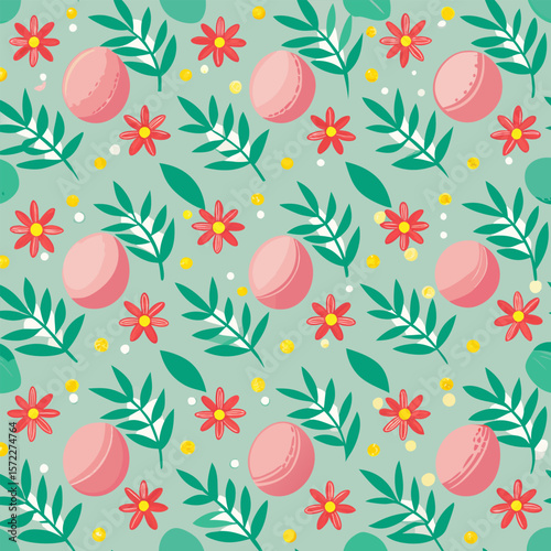 Pretty Pink Floral Seamless Pattern with Green Leaves