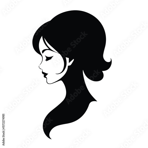 Female profile silhouette in elegant style with a thoughtful expression. Stylized representation of a woman in a fashion illustration or design concept.