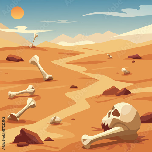 Desolate Landscape. Arid Path. Scattered Bones. and Skull in the Desert