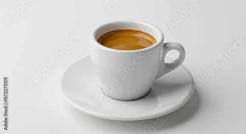 A small espresso shot in a white porcelain demitasse cup with saucer