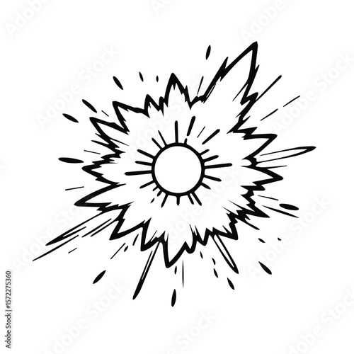 Black and white graphic design of a radiating explosion effect with a central circle. Abstract graphic design element for comic books, animation, or posters.