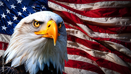 Majestic bald eagle close up against waving american flag symbolizing freedom