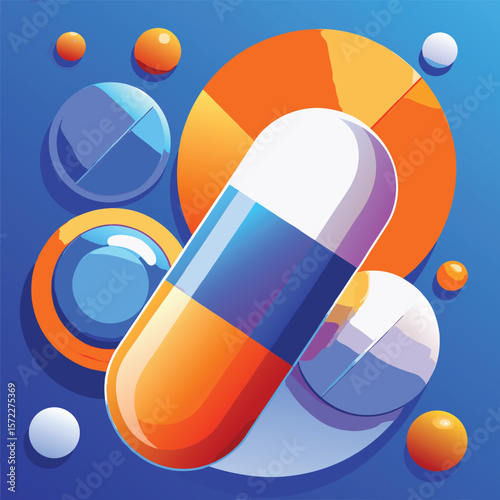 Abstract composition of colorful pills and capsules in a modern graphic style silhouette