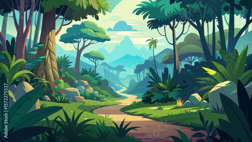Serene Jungle Landscape. A Picturesque Path Through Lush Greenery