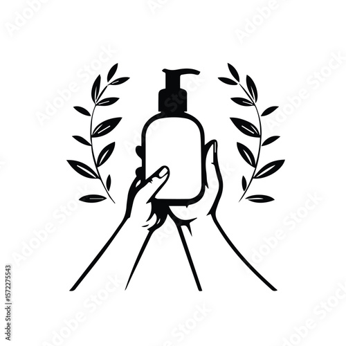 Hand holding a hand sanitizer bottle with a laurel wreath. Hands holding a hand sanitizer bottle in a laurel wreath design.