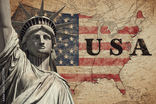 Statue of Liberty and the Map of America in the colors of the American flag. Patriotic retro template of the USA