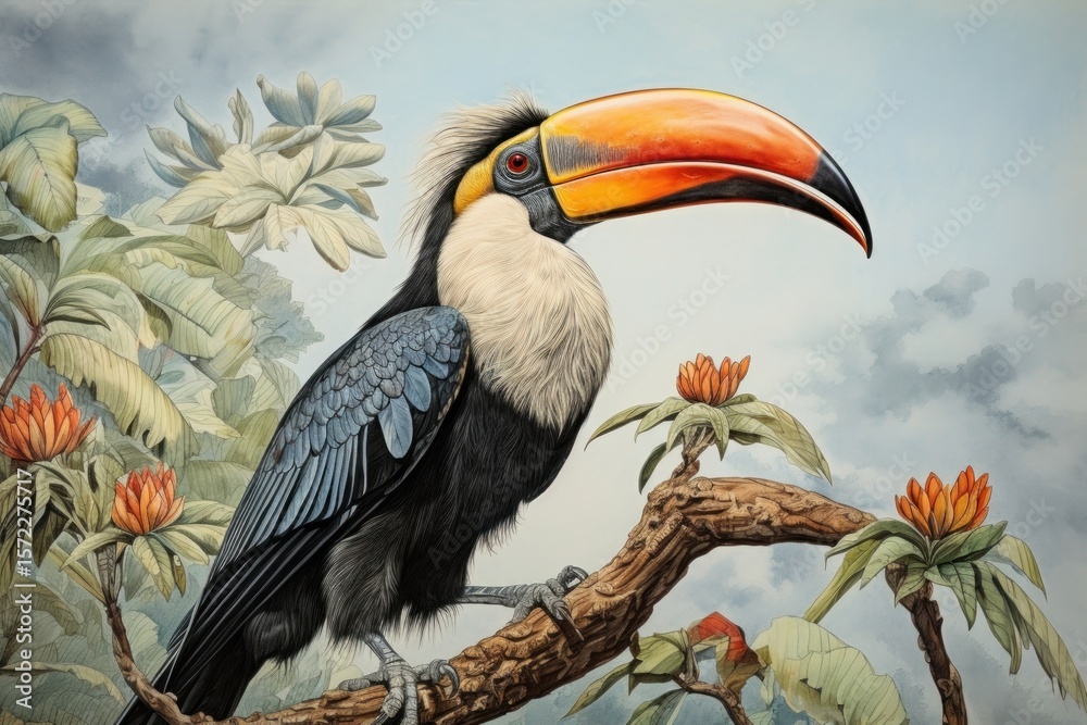 Fototapeta premium Rhinoceros hornbill toucan animal plant.