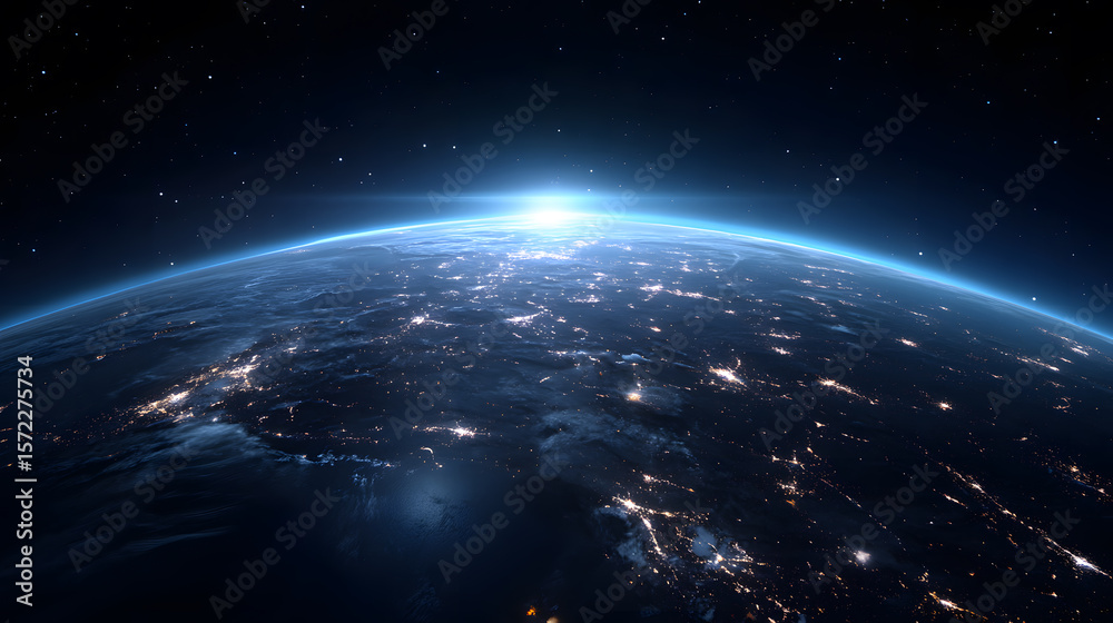 Obraz premium Spectacular Earth From Space: A mesmerizing view of planet Earth from space, with the radiant sun's embrace illuminating the horizon. A visual celebration of our shared home.