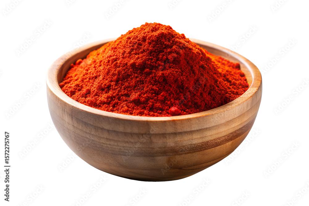 Red Chili Powder in Wooden Bowl on Transparent Background Red Chili Powder in Wooden Bowl on Transparent Background