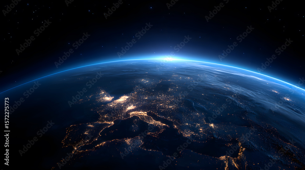 Obraz premium Celestial Embrace: An awe-inspiring depiction of Earth from space, highlighting the vibrant glow of city lights amidst the serene darkness. Witness the celestial dance of light and shadow.