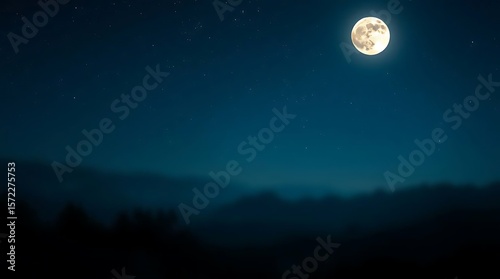 Ethereal moonlight casting on a dark mysterious landscape at starry night
