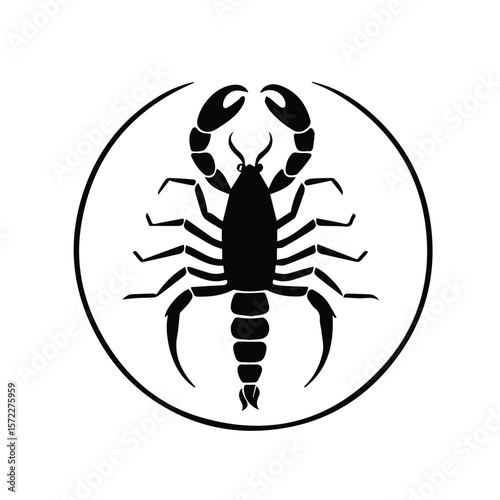 Scorpio zodiac sign graphic in a circular frame. Silhouette of a scorpion in a centered pose against a plain background.