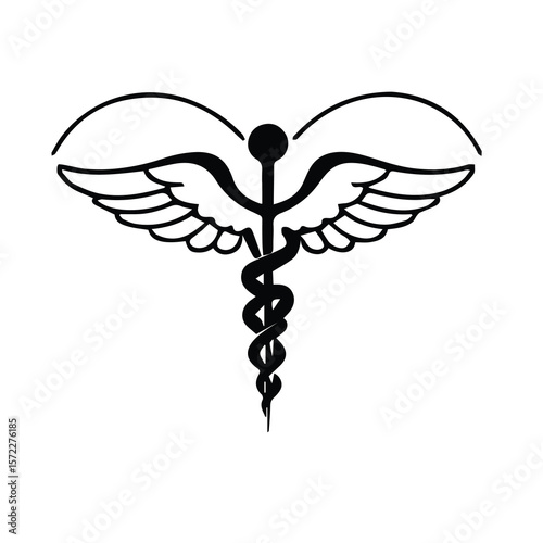 Medical symbol with wings and serpent. Simple graphic design element for healthcare/medical use.