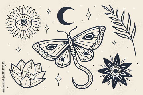 Mystical celestial elements including a moth crescent moon eye flower and lotus