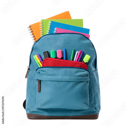 Classic school backpack filled with colorful supplies and books. Perfect for education, back-to-school, and student themes isolated on white or transparent background. PNG format.