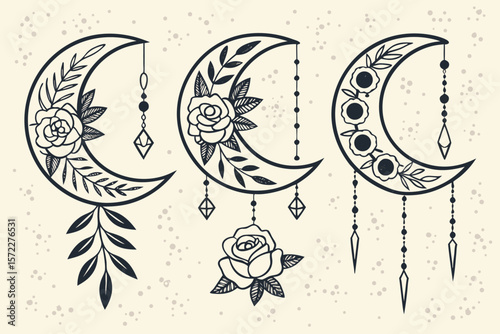 Three crescent moons adorned with roses and hanging crystals and beads