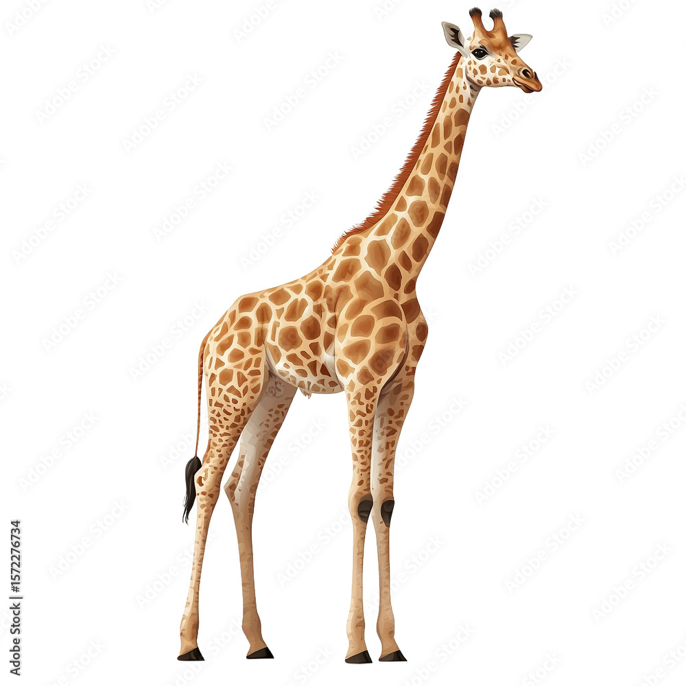 Fototapeta premium Giraffe, standing pose, isolated on transparent PNG, realistic style, wildlife illustration.