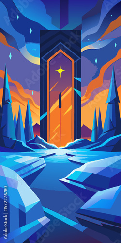 Cosmic Gateway. A Journey Through Abstract Winter Landscape