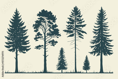 Collection of diverse pine and fir tree silhouettes against a light background