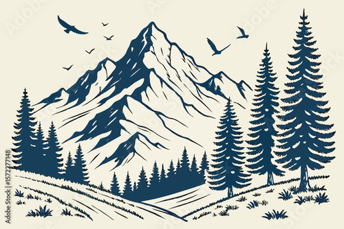Majestic mountain range with pine trees and soaring birds in silhouette