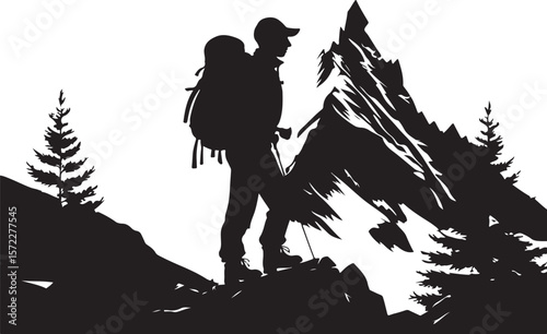 Silhouette of a Hiker in Front of a Towering Rugged Mountain with Tree and Vegetation  

