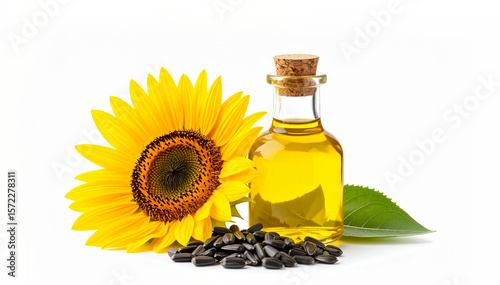 Sunflower seed oil in a glass bottle and sunflower flowers against a white isolated background.