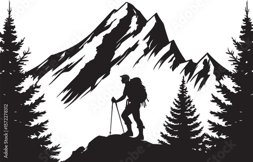Silhouette of a Hiker in Front of a Towering Rugged Mountain with Tree and Vegetation  
