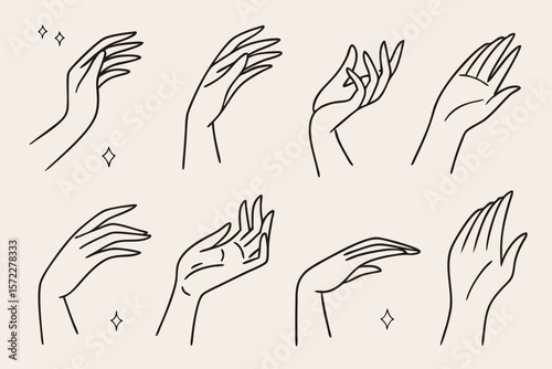 Collection of elegant line art female hands in various poses and gestures