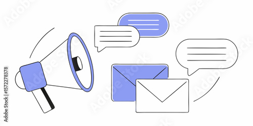 Sketch business communication elements vector, hand-drawn speech bubbles, megaphones, and emails.
