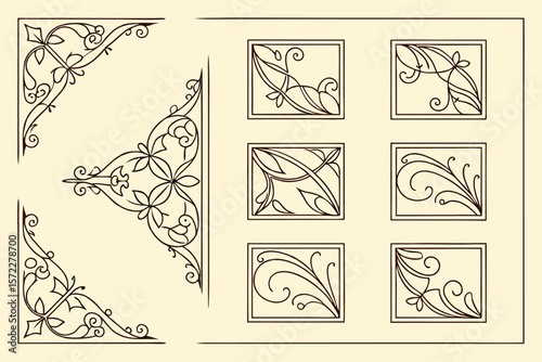 Collection of elegant decorative corner flourishes and borders in dark brown line art