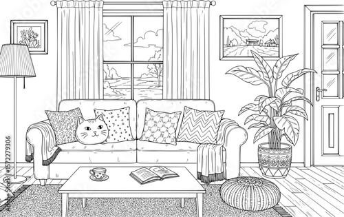 Cozy Living Room Interior with Cat on Couch and Window View Coloring Page