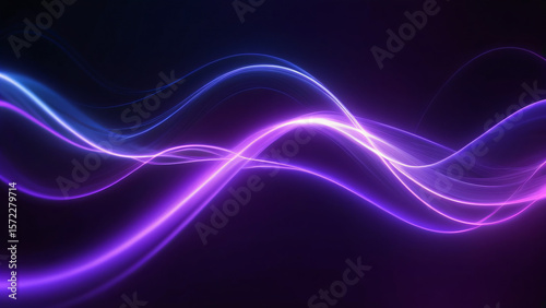 Panoramic high speed technology concept, light abstract background. High-speed light trails effect. Purple glowing wave swirl, impulse cable lines.	