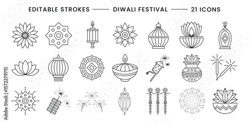 Vector icon set for celebration happy Diwali. Editable strokes and outline styled icons of Diwali festival.