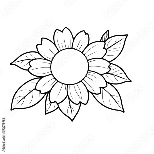 Black and white stylized flower and leaf design. Ornate floral pattern with detailed petals and leaves on a plain background.